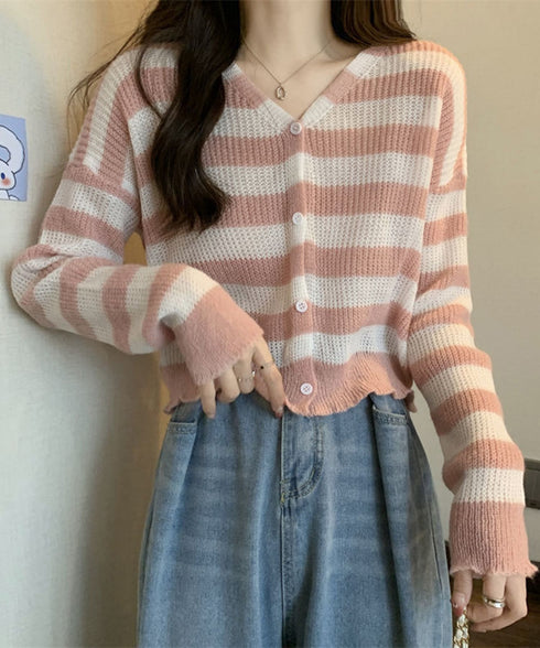 ワイドボーダー編みニットカーディガン